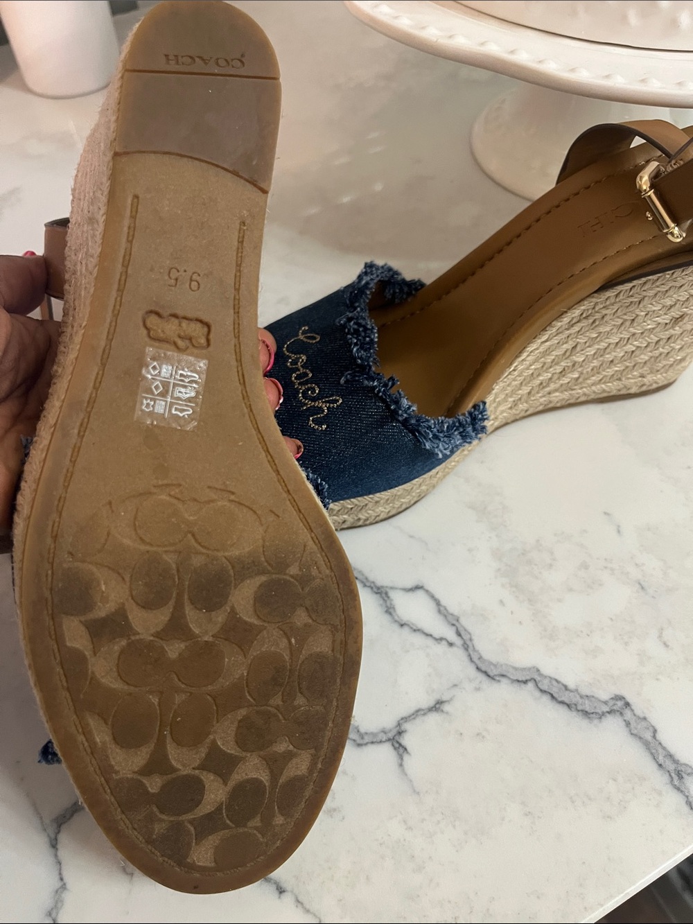 Coach Denim Wedge Sandals - Blue & Brown - Picture 7 of 9
